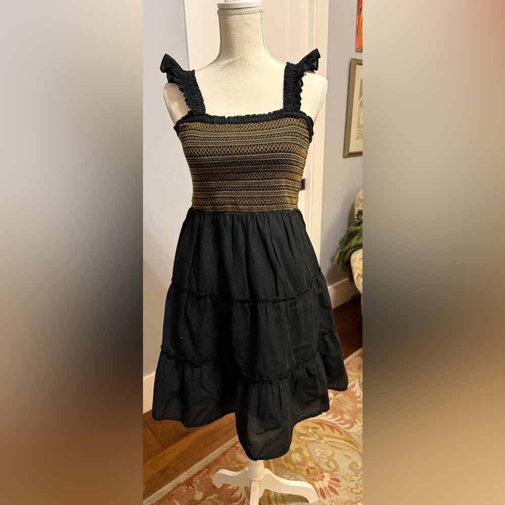 J.Crew black and gold smocked tiered mini dress